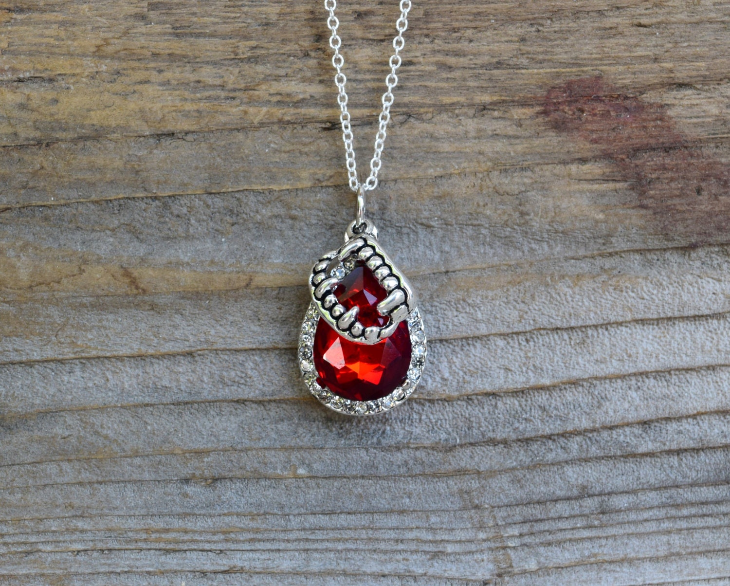 Vampire Bite Necklace, Red Rhinestone Blood Drop, Dracula Necklace