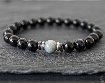 Black tourmaline bracelet Men black bracelet Stainless steel Men beaded bracelet mala with Hawk Eye, Black Tourmaline Good luck & Protection