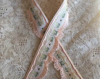 Vintage French Embroidered Jacqquarad Ribbon Trim, Rayon