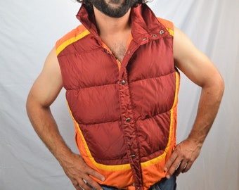 Vintage 70s 80s Red Orange Puffy Winter Ski Fun Snow Vest - By Mountain Goat