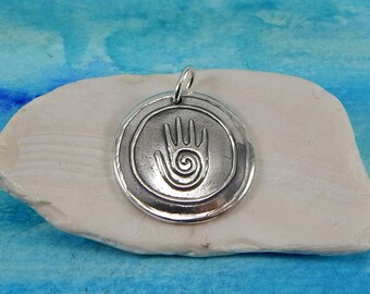 Healing Hand Pendant, Inspirational Jewelry, Personalize, Massage Therapist, Healing Necklace, Reiki Jewelry, Large Fine Silver Pendant