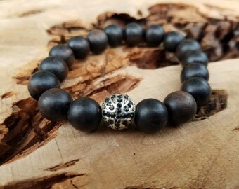 Stackable 10mm Tiger Ebony Wood Stretch Bracelet With A Silver British Flag Micro Pave CZ Bead