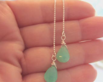 Chrysoprase Earrings, Green Chrysoprase Earrings, Threader Earrings,Sterling Silver Threaders, Gemini Birthday, Gemstone Threaders