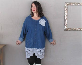 upcycled clothing recycled denim tunic jacket coat wearable art X large 1 X Boho Bohemian recycled lace shirt repurposed LillieNoraDryGoods