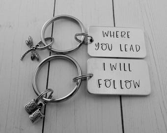 Mother Daughter Keychains - Where You Lead I Will Follow - Set of 2 Hand Stamped Key Chains - Best Friend Gift - Mother's Day - Pop Culture