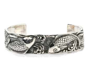 Japanese Koi Fish Tattoo 925 Sterling Silver Bangle Bracelet Gothic Biker Jewelry