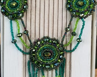 3 medalion green , teal, deep grape,beaded necklace