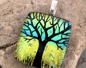 SALE Tree Dichroic Pendant Necklace, Hand Etched Glass Art