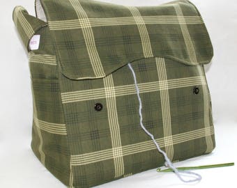 Green Plaid, Knitting Bag, Snag-Free, Zipper-less, Yarn Dispenser, Pro-knitter bag, handbag, yarn storage, crocheting tote, Knit on the go