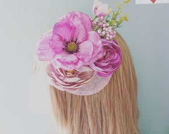 Dusky Pink Purple & Mauv Floral PillBox Hat Hair Facinator Clip