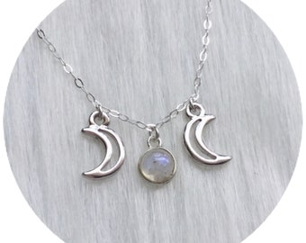 Tiny Faerie Rainbow Moonstone Triple Goddess Moon necklace with blue flash