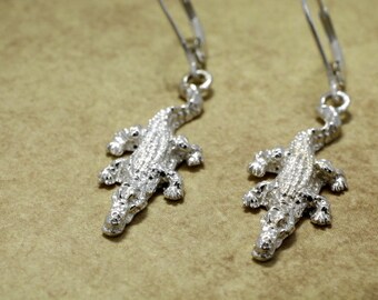 Alligator Jewelry, Small Alligator Dangle Earrings in Sterling Silver. Crocodile Earrings,Gift Mom Gift