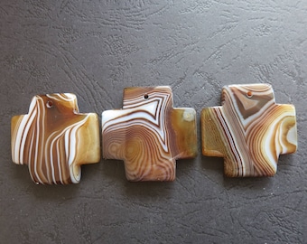 AS PICTURED- 3pcs Large Coffee Brown Stripe Agate Cross Pendant 42x42mm- top drilled