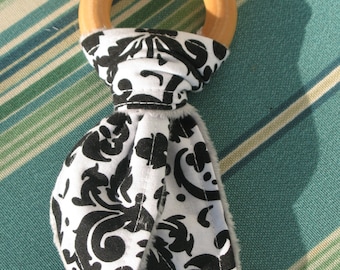 Teething Ring-Black & White Damask Gray Minky-Natural Maple Hardwood rings-Great Baby Gift