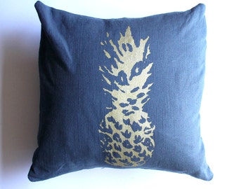 Pineapple Decor / Blue Pineapple Pillow Navy Blue and Gold Pineapple Nautical Decor Hawaii Pillow Beach House Decor / Beach House / Hammock