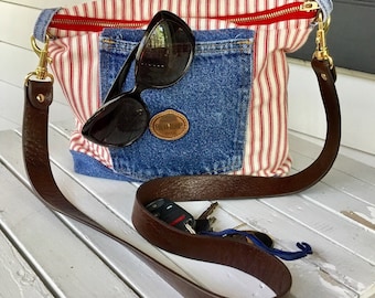 Red and cream ticking stripe purse with upcycled denim accents.