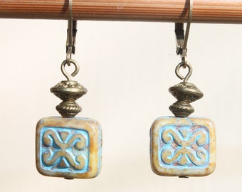 Turquoise Earrings Brass Earrings Czech Glass Earrings Picasso Dangle Boho Chic Jewelry Small Earrings Gift For Her Gift For women