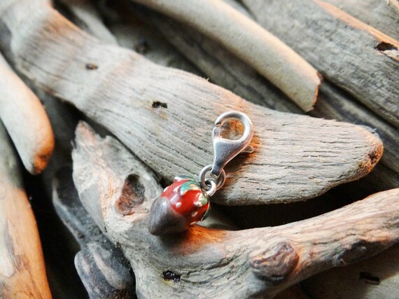 RARE Sterling Silver stamped .925 925 Strawberry Charm Chocolate dipped with lobster clasp clip enamel enameled Valentines Day Date Love