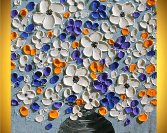 Original ImpastoWhite Purple Yellow Flowers Acrylic Impasto Palette Knife Painting