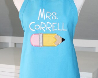 Mrs Teacher Apron with Appliqued Pencil - Perfect Teacher Gift - Apron for Teacher - Mrs Apron with Pencil