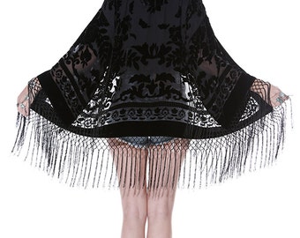 Gypsy Dreaming Floral Brocade Velvet Burnout Fringe Kimono - Black