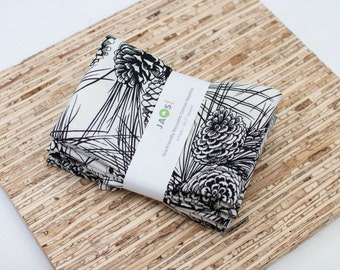 Large Cloth Napkins - Set of 4 - (N3222) - Black and White Pine Pinecones Modern Reusable Fabric Napkins