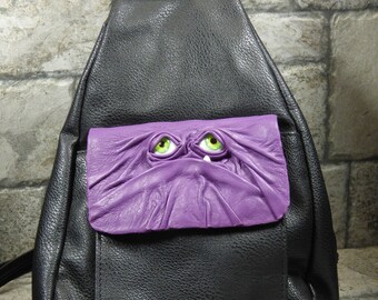 Leather Backpack Purse With Face Monster Goth Purple Black 386