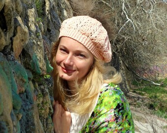 Laced beret hat french beret hat knitted beret cotton beret peach beret peach hat summer beret sea themed wedding beret sea wedding ideas