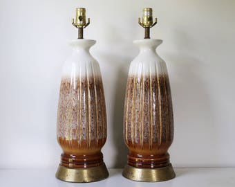 Pair of mid century modern drip glaze white and brown neutral lamps