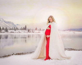 Maternity Cape for Photos Shoot White Cape Long Cloak Fur Cape Hooded Cape Winter Wedding Cloak Bridal Cape Christmas Wedding White Wedding