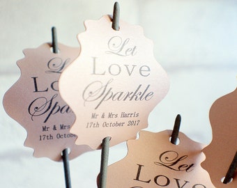 Let love sparkle tags, Pearlised Wedding tags, wedding sparkler tags, pearlised tags for sparklers, celebration wedding labels,