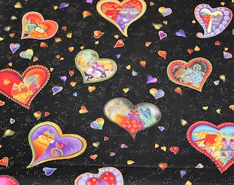 Laurel Burch Rare Oop FABULOUS FELINES Hearts on Black Fabric - By the Half Yard