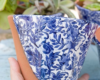Blue and White Italian Leaf Flourish Planter (Ready to Send)