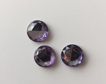 Vintage acrylic lucite faceted cabochon - Lavender purple - 15mm round - 3 pieces