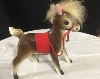 Porcelain and fur donkey figurine, 1950's, real fur. Creations by Bradley.