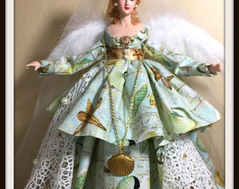 15 INCH TALL Angel Tree Topper, Beach Themed Angel, Coastal Home Decor, Beach Cottage Decoration, Sea Shells Angel, Auburn Haired Angel