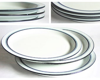 Three Dansk Bistro Dinner Plates - White Porcelain Blue Trim Christianshavn Bl"ue Series - Made in Portugal / Niels Refsgaard 10 1/2” Wide