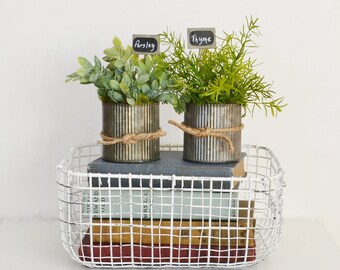 Two Pots of Faux Herbs in Galvanized Pots; Herbs with Garden Signs; Kitchen Decor; Parsley, Sage, Rosemary, Thyme, Mint, and Oregano