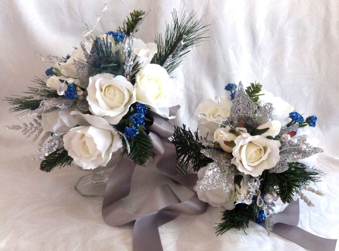 Silver White And Blue Winter Wedding Bouquet Boutonniere Silver White And Blue Winter Wedding Bouquet Boutonniere