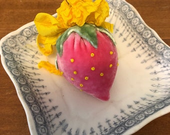 Handmade silk velvet strawberry pin cushion