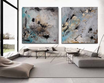 90x45inch, Set of Two Paintings, Abstract Watercolor Print, Gold Leaf Painting, Teal, Turquoise, Black and Gold Print, Extra Large Wall Art