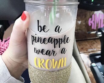 Pineapple Glitter Mason Jar Tumbler // Glitter mason jar Tumbler