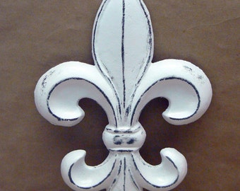 Fleur de lis FDL Cast Iron Painted Distressed Bright White Classic White Shabby Elegance Wall Decor French Decor, Paris