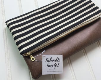 Black stripe foldover clutch - vegan leather foldover bag - bridesmaid gift - stripe clutch - fold over clutch-vegan leather clutch bag-