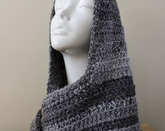 Crochet Hooded Scarf , Scoodie in Black with grey