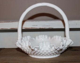 Vintage Fenton Hobnail Milk Glass Basket with Handle