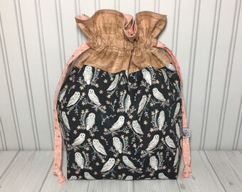 Large Drawstring Knitting Crochet Project Bag - Barn Owls