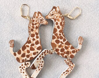 Cute Giraffe Wooden Earrings - Statement Animal Safari Handmade