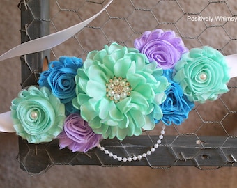 Maternity Sash, Mint Maternity Sash, Boy Maternity Sash, Maternity Flower Sash, Mint Green, Turquoise Blue, Lavender Purple, White, RTS