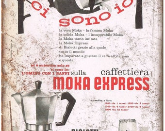 Bialetti Moka Express Vintage Coffee Ad 10" X 7" Reproduction Metal Sign N114